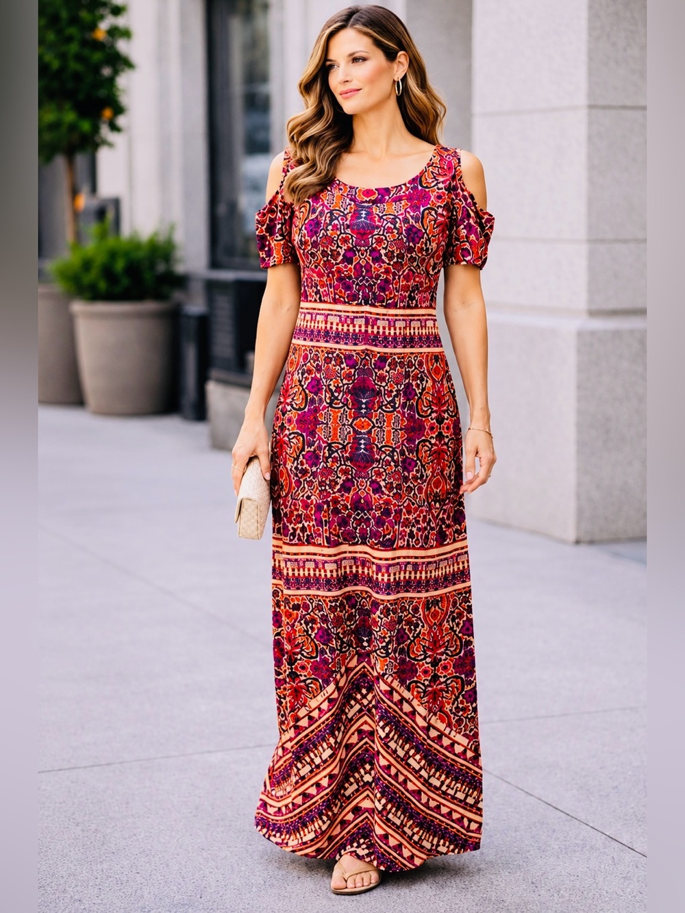 Emma & Michele Boho Maxi Dress Cold Shoulder Short Sleeve Size L